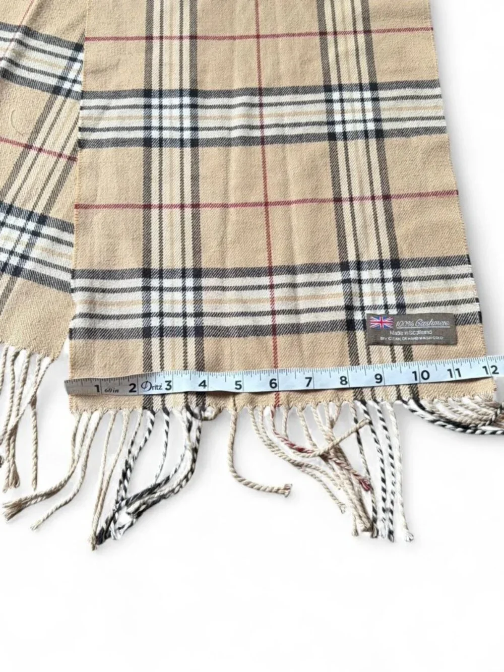 Vintage 100% Cashmere Beige, Black, White & Red Plaid Scarf  Tartan pattern